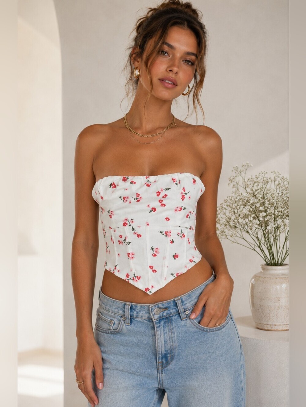 Princess Polly Floral Strapless Corset Top Coquette Handkerchief Hem SIZE 2